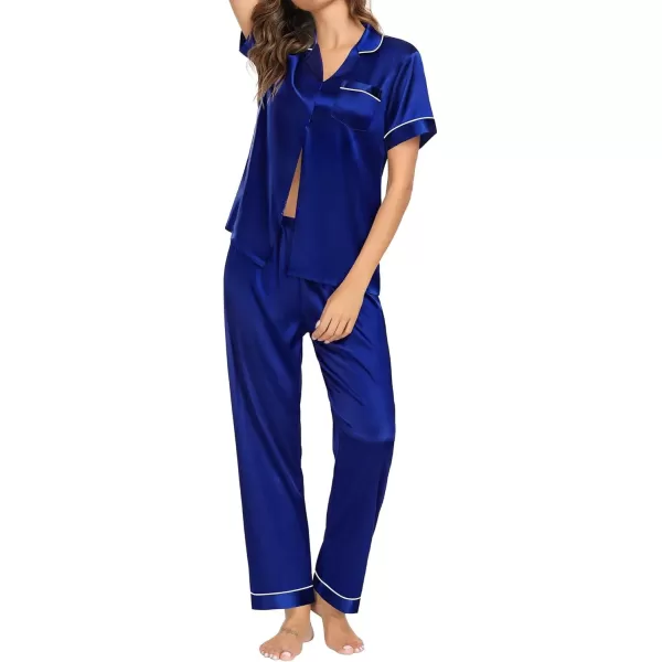 imageSWOMOG Couple Pajama Sets Silk Satin Sleepwear Short Sleeve and Long Pants Pjs Set Soft Loungewear Classic PajamasNavy Blue