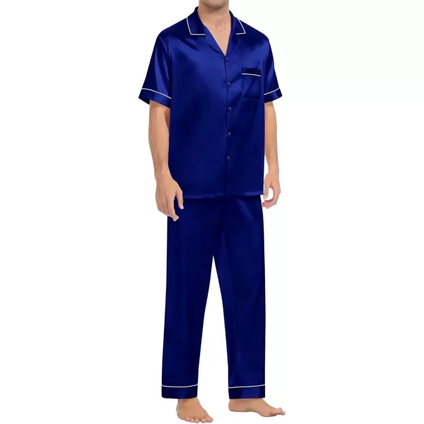 imageSWOMOG Couple Pajama Sets Silk Satin Sleepwear Short Sleeve and Long Pants Pjs Set Soft Loungewear Classic PajamasNavy Blue