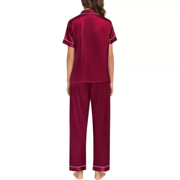 imageSWOMOG Couple Pajama Sets Silk Satin Sleepwear Short Sleeve and Long Pants Pjs Set Soft Loungewear Classic PajamasWine Red