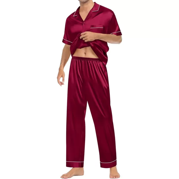 imageSWOMOG Couple Pajama Sets Silk Satin Sleepwear Short Sleeve and Long Pants Pjs Set Soft Loungewear Classic PajamasWine Red