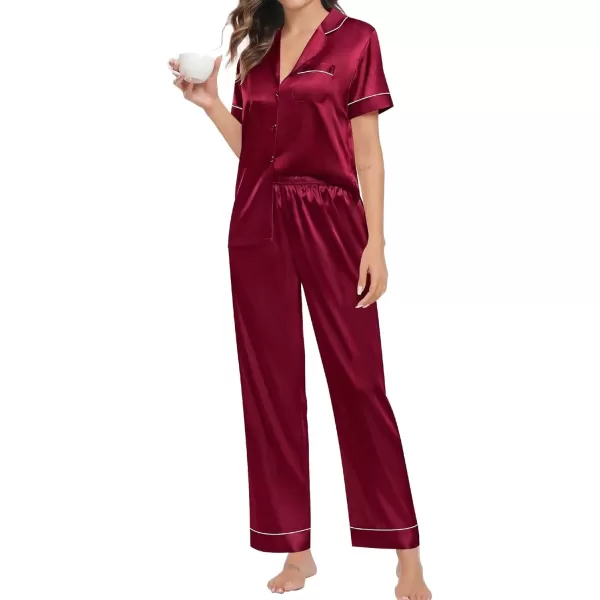 imageSWOMOG Couple Pajama Sets Silk Satin Sleepwear Short Sleeve and Long Pants Pjs Set Soft Loungewear Classic PajamasWine Red