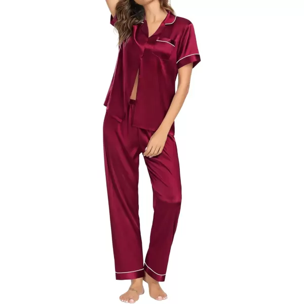 imageSWOMOG Couple Pajama Sets Silk Satin Sleepwear Short Sleeve and Long Pants Pjs Set Soft Loungewear Classic PajamasWine Red