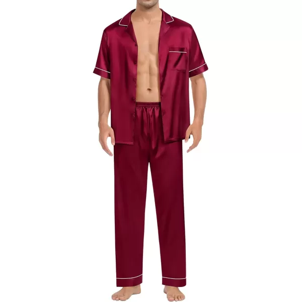 imageSWOMOG Couple Pajama Sets Silk Satin Sleepwear Short Sleeve and Long Pants Pjs Set Soft Loungewear Classic PajamasWine Red