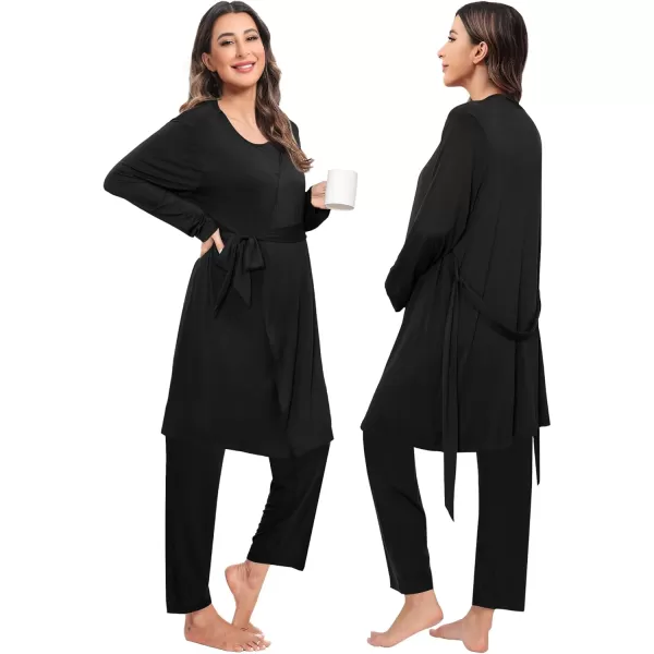 imageSWOMOG Maternity Nursing Robe Set 3 PCS Women Postpartum Pajamas Breastfeeding Labor Delivery Hospital Pregnancy PjsBlack