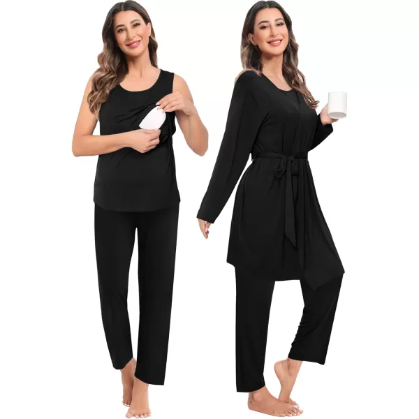 imageSWOMOG Maternity Nursing Robe Set 3 PCS Women Postpartum Pajamas Breastfeeding Labor Delivery Hospital Pregnancy PjsBlack