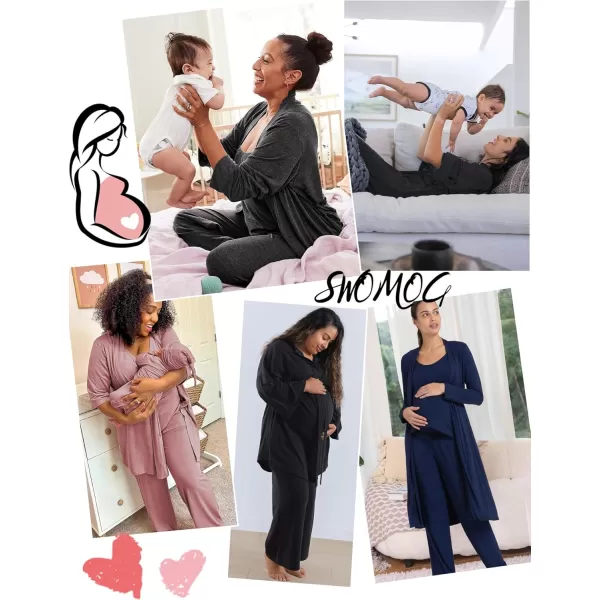 imageSWOMOG Maternity Nursing Robe Set 3 PCS Women Postpartum Pajamas Breastfeeding Labor Delivery Hospital Pregnancy PjsBlack