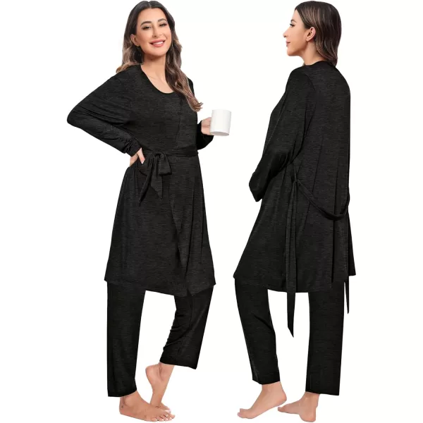 imageSWOMOG Maternity Nursing Robe Set 3 PCS Women Postpartum Pajamas Breastfeeding Labor Delivery Hospital Pregnancy PjsBlack Grey