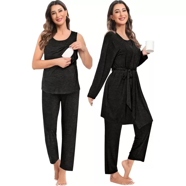 imageSWOMOG Maternity Nursing Robe Set 3 PCS Women Postpartum Pajamas Breastfeeding Labor Delivery Hospital Pregnancy PjsBlack Grey