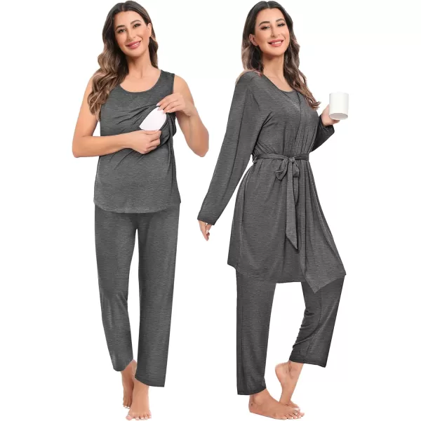 imageSWOMOG Maternity Nursing Robe Set 3 PCS Women Postpartum Pajamas Breastfeeding Labor Delivery Hospital Pregnancy PjsDeep Grey