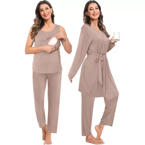 imageSWOMOG Maternity Nursing Robe Set 3 PCS Women Postpartum Pajamas Breastfeeding Labor Delivery Hospital Pregnancy PjsEcru