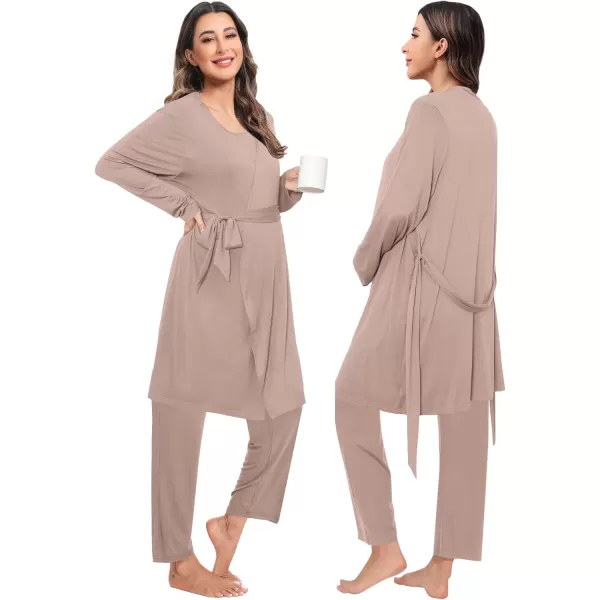 imageSWOMOG Maternity Nursing Robe Set 3 PCS Women Postpartum Pajamas Breastfeeding Labor Delivery Hospital Pregnancy PjsEcru