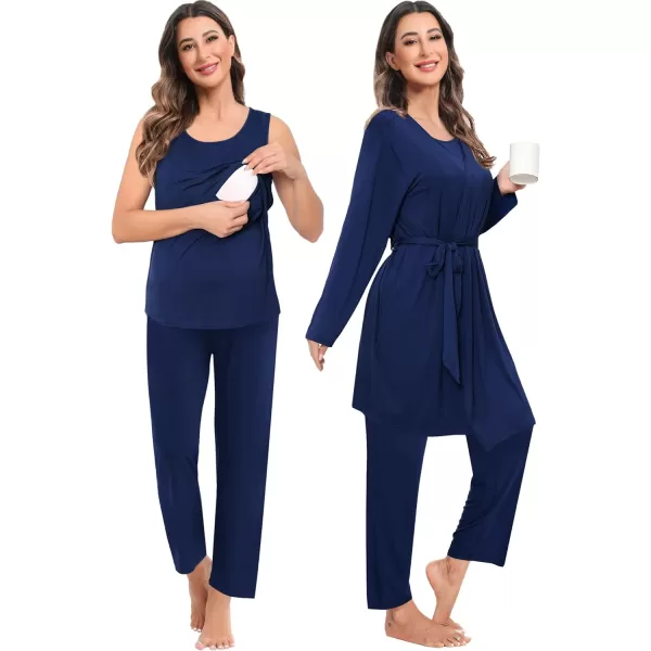 imageSWOMOG Maternity Nursing Robe Set 3 PCS Women Postpartum Pajamas Breastfeeding Labor Delivery Hospital Pregnancy PjsNavy Blue