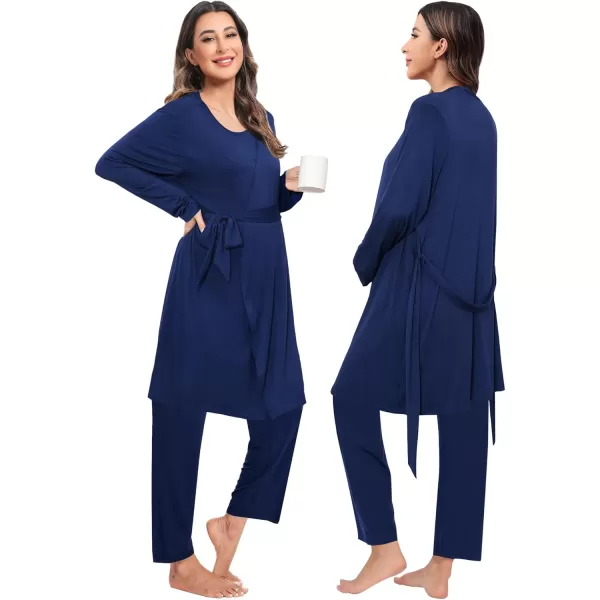 imageSWOMOG Maternity Nursing Robe Set 3 PCS Women Postpartum Pajamas Breastfeeding Labor Delivery Hospital Pregnancy PjsNavy Blue