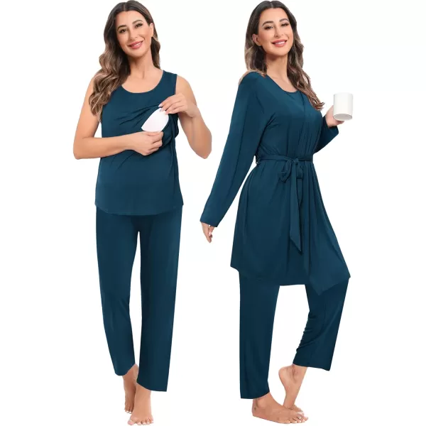 imageSWOMOG Maternity Nursing Robe Set 3 PCS Women Postpartum Pajamas Breastfeeding Labor Delivery Hospital Pregnancy PjsOxford Blue