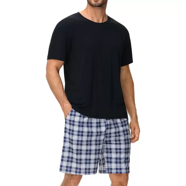imageSWOMOG Mens Pajama Set Short Sleeve Sleepwear 2 PCS Soft Pjs Sets Crewneck Loungewear Nightwear with PocketsWhite  Navy Blue Plaid