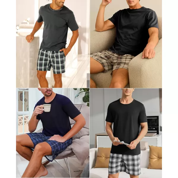 imageSWOMOG Mens Pajama Set Short Sleeve Sleepwear 2 PCS Soft Pjs Sets Crewneck Loungewear Nightwear with PocketsWhite  Navy Blue Plaid