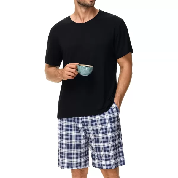 imageSWOMOG Mens Pajama Set Short Sleeve Sleepwear 2 PCS Soft Pjs Sets Crewneck Loungewear Nightwear with PocketsWhite  Navy Blue Plaid