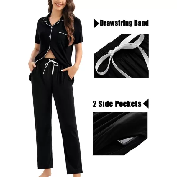 imageSWOMOG Womens 3pcs Button Down Pajamas Set Short Sleeve Sleepwear Bride Pj Lounge Set with Long PantsBlack