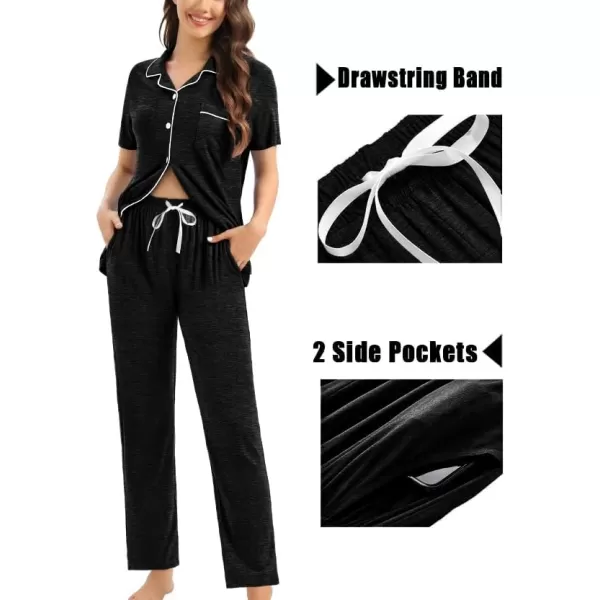 imageSWOMOG Womens 3pcs Button Down Pajamas Set Short Sleeve Sleepwear Bride Pj Lounge Set with Long PantsBlack Grey