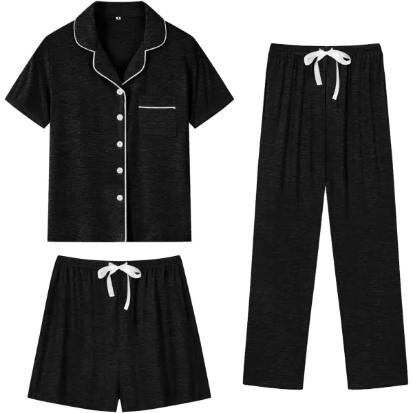 imageSWOMOG Womens 3pcs Button Down Pajamas Set Short Sleeve Sleepwear Bride Pj Lounge Set with Long PantsBlack Grey