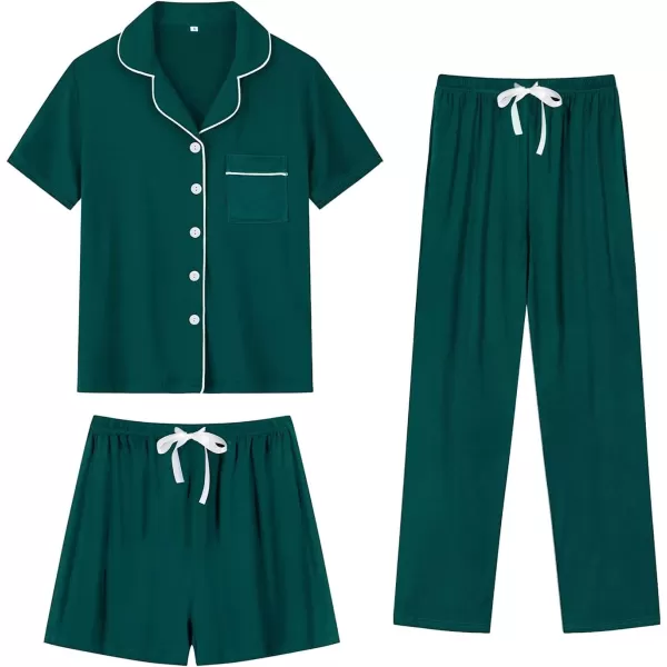 imageSWOMOG Womens 3pcs Button Down Pajamas Set Short Sleeve Sleepwear Bride Pj Lounge Set with Long PantsGreen