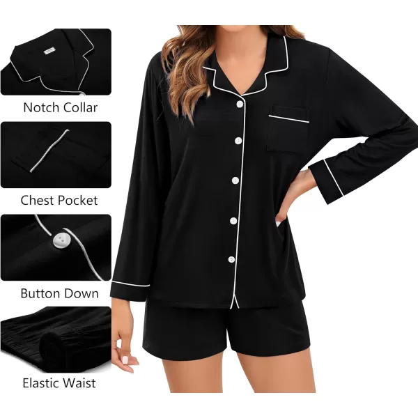 imageSWOMOG Womens 3pcs Button Down Pajamas Set Short Sleeve Sleepwear Bride Pj Lounge Set with Long PantsLong Sleeve Black