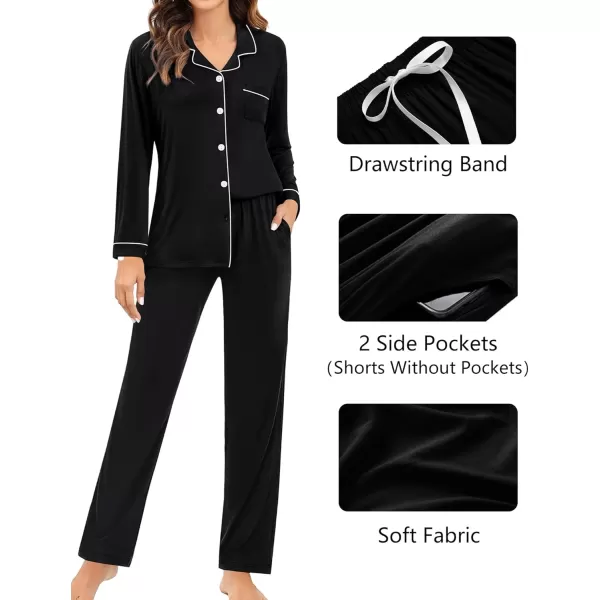 imageSWOMOG Womens 3pcs Button Down Pajamas Set Short Sleeve Sleepwear Bride Pj Lounge Set with Long PantsLong Sleeve Black
