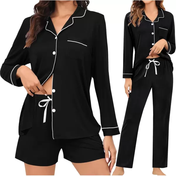 imageSWOMOG Womens 3pcs Button Down Pajamas Set Short Sleeve Sleepwear Bride Pj Lounge Set with Long PantsLong Sleeve Black