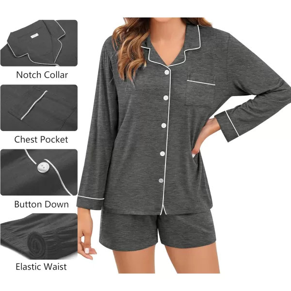 imageSWOMOG Womens 3pcs Button Down Pajamas Set Short Sleeve Sleepwear Bride Pj Lounge Set with Long PantsLong Sleeve Deep Grey