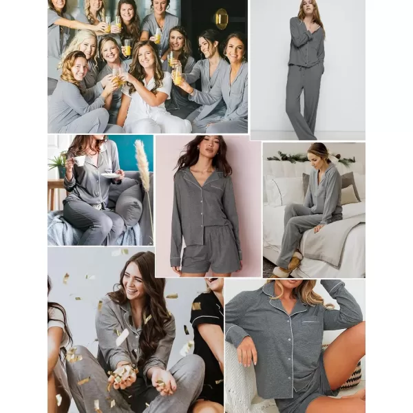 imageSWOMOG Womens 3pcs Button Down Pajamas Set Short Sleeve Sleepwear Bride Pj Lounge Set with Long PantsLong Sleeve Deep Grey