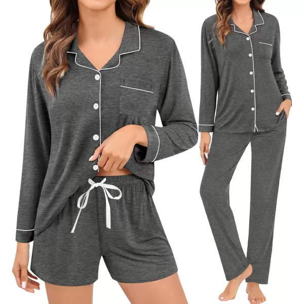 imageSWOMOG Womens 3pcs Button Down Pajamas Set Short Sleeve Sleepwear Bride Pj Lounge Set with Long PantsLong Sleeve Deep Grey