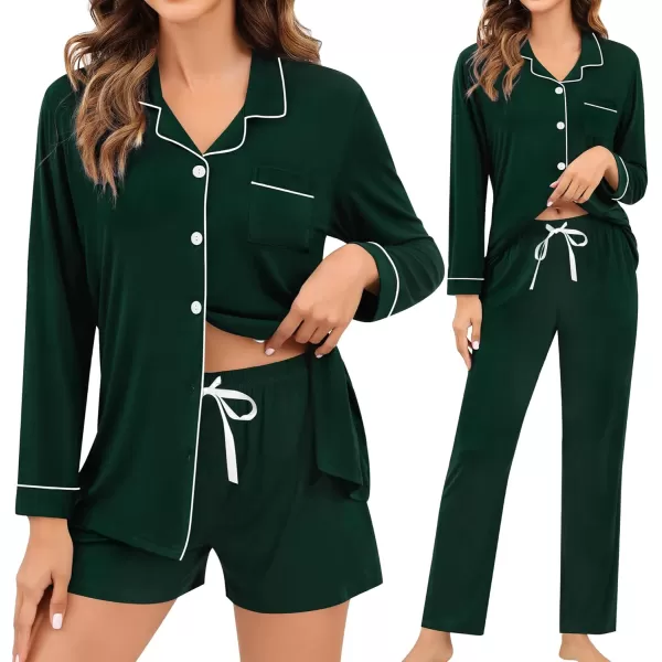 imageSWOMOG Womens 3pcs Button Down Pajamas Set Short Sleeve Sleepwear Bride Pj Lounge Set with Long PantsLong Sleeve Green