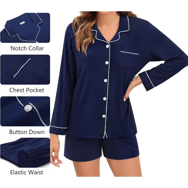 imageSWOMOG Womens 3pcs Button Down Pajamas Set Short Sleeve Sleepwear Bride Pj Lounge Set with Long PantsLong Sleeve Navy Blue