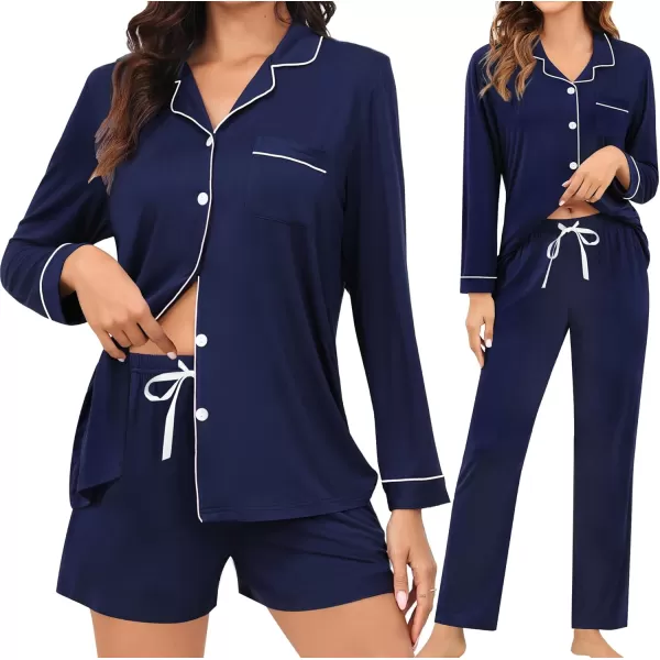 imageSWOMOG Womens 3pcs Button Down Pajamas Set Short Sleeve Sleepwear Bride Pj Lounge Set with Long PantsLong Sleeve Navy Blue