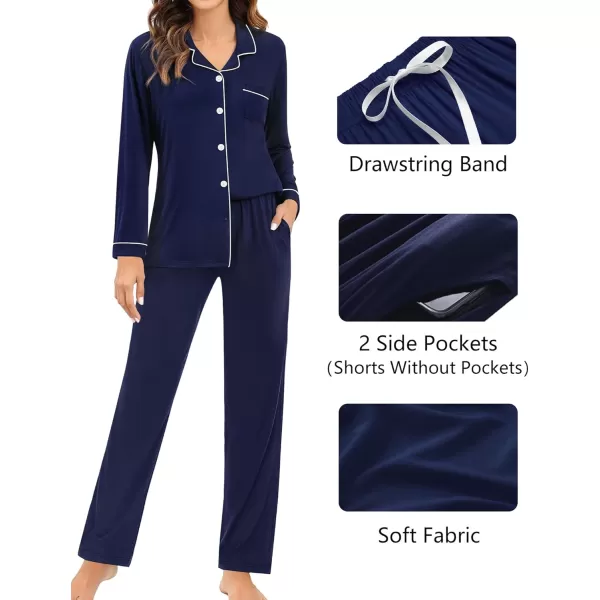 imageSWOMOG Womens 3pcs Button Down Pajamas Set Short Sleeve Sleepwear Bride Pj Lounge Set with Long PantsLong Sleeve Navy Blue