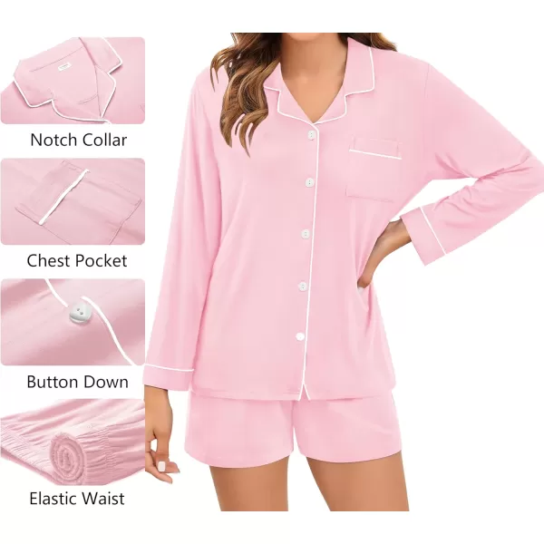 imageSWOMOG Womens 3pcs Button Down Pajamas Set Short Sleeve Sleepwear Bride Pj Lounge Set with Long PantsLong Sleeve Pink