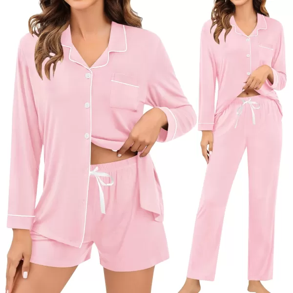 imageSWOMOG Womens 3pcs Button Down Pajamas Set Short Sleeve Sleepwear Bride Pj Lounge Set with Long PantsLong Sleeve Pink