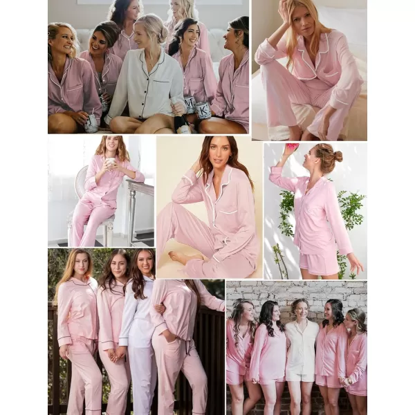 imageSWOMOG Womens 3pcs Button Down Pajamas Set Short Sleeve Sleepwear Bride Pj Lounge Set with Long PantsLong Sleeve Pink