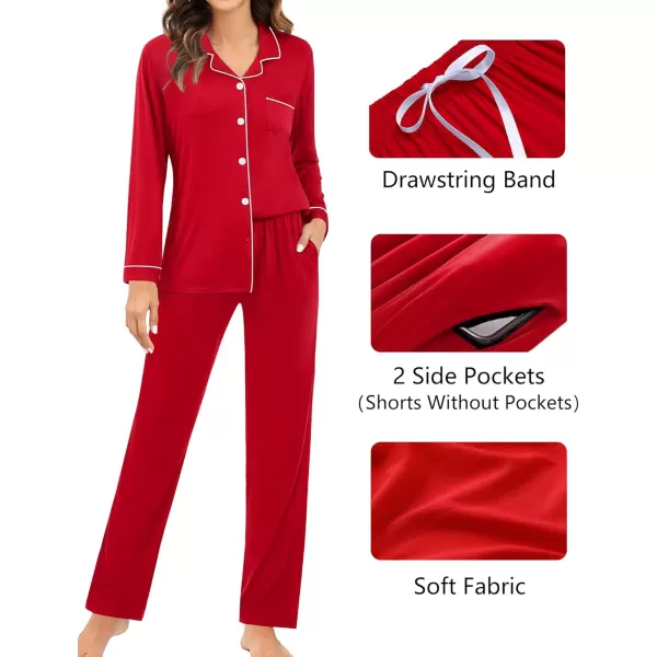 imageSWOMOG Womens 3pcs Button Down Pajamas Set Short Sleeve Sleepwear Bride Pj Lounge Set with Long PantsLong Sleeve Red