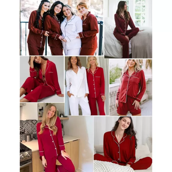 imageSWOMOG Womens 3pcs Button Down Pajamas Set Short Sleeve Sleepwear Bride Pj Lounge Set with Long PantsLong Sleeve Red