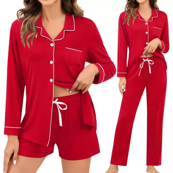 imageSWOMOG Womens 3pcs Button Down Pajamas Set Short Sleeve Sleepwear Bride Pj Lounge Set with Long PantsLong Sleeve Red