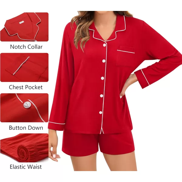 imageSWOMOG Womens 3pcs Button Down Pajamas Set Short Sleeve Sleepwear Bride Pj Lounge Set with Long PantsLong Sleeve Red