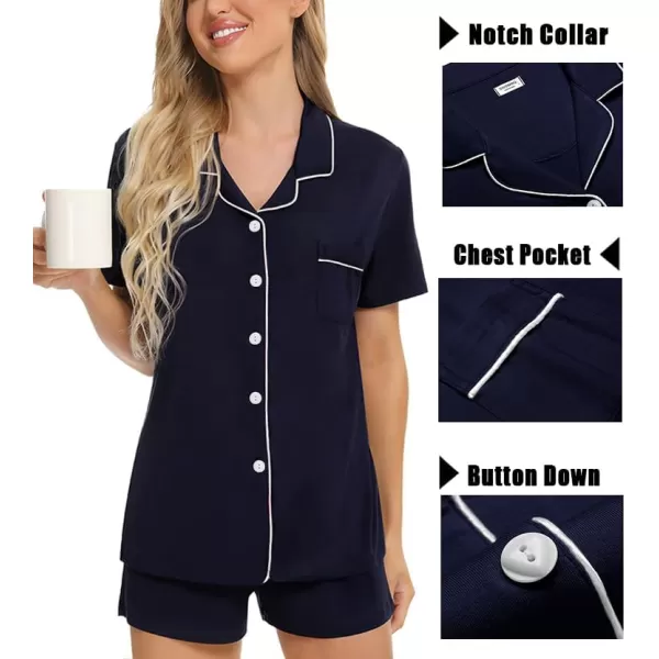 imageSWOMOG Womens 3pcs Button Down Pajamas Set Short Sleeve Sleepwear Bride Pj Lounge Set with Long PantsNavy Blue