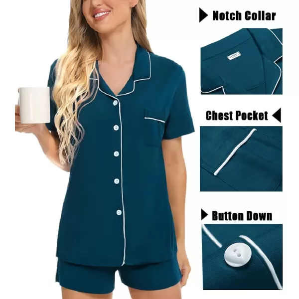 imageSWOMOG Womens 3pcs Button Down Pajamas Set Short Sleeve Sleepwear Bride Pj Lounge Set with Long PantsOxford Blue