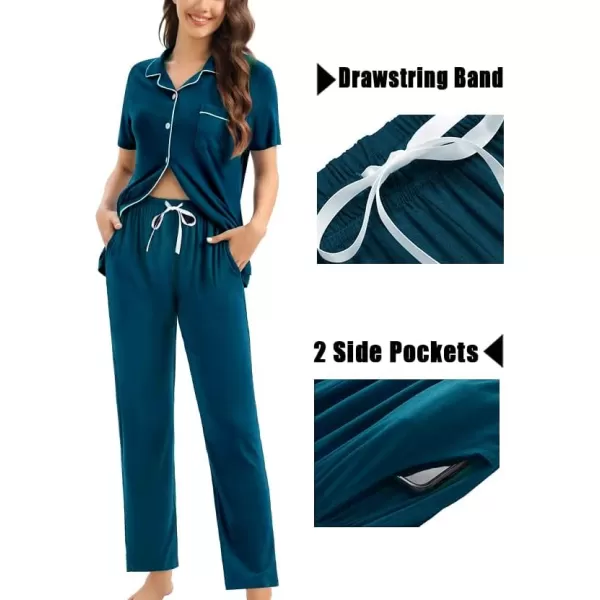 imageSWOMOG Womens 3pcs Button Down Pajamas Set Short Sleeve Sleepwear Bride Pj Lounge Set with Long PantsOxford Blue