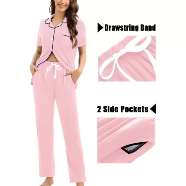 imageSWOMOG Womens 3pcs Button Down Pajamas Set Short Sleeve Sleepwear Bride Pj Lounge Set with Long PantsPink