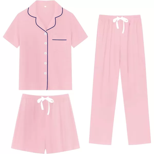 imageSWOMOG Womens 3pcs Button Down Pajamas Set Short Sleeve Sleepwear Bride Pj Lounge Set with Long PantsPink