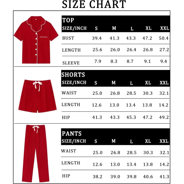 imageSWOMOG Womens 3pcs Button Down Pajamas Set Short Sleeve Sleepwear Bride Pj Lounge Set with Long PantsRed