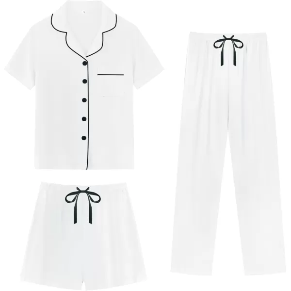 imageSWOMOG Womens 3pcs Button Down Pajamas Set Short Sleeve Sleepwear Bride Pj Lounge Set with Long PantsWhite