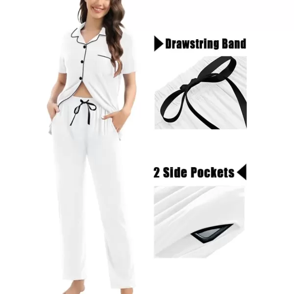 imageSWOMOG Womens 3pcs Button Down Pajamas Set Short Sleeve Sleepwear Bride Pj Lounge Set with Long PantsWhite